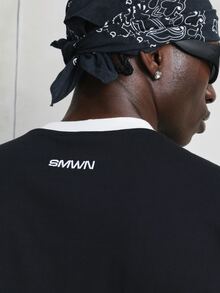 SUMWON Men's Rhinestone Petty Script Crew Neck Black Ringer T-Shirt With White Contrast Trim Short Sleeve Casual Streetwear Top - Black and White - View 7