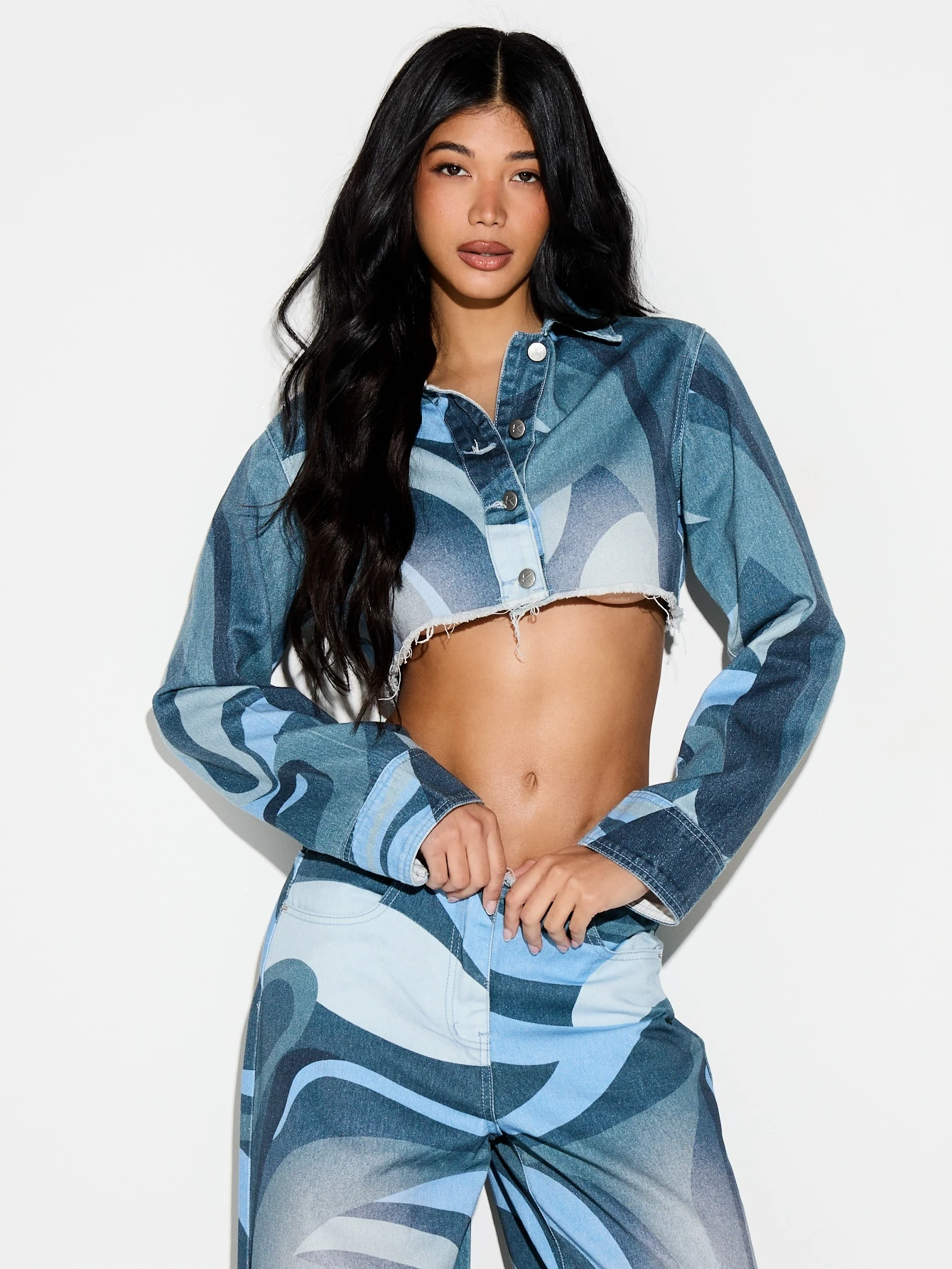 KIZN Swirl Print Denim Jacket With Raw Hem