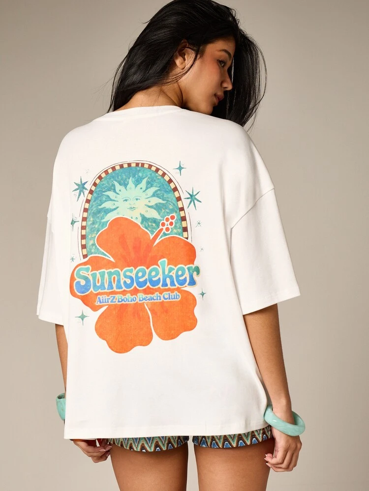 Oversized Sunseeker Graphic Print Tee With Flower Design