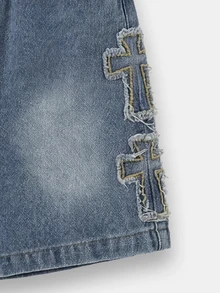 SUMWON Boys Casual Drawstring Denim Shorts With Cross Applique Detail Summer Relaxed Fit Light Wash Shorts With Side Pockets - Dark Wash - View 4