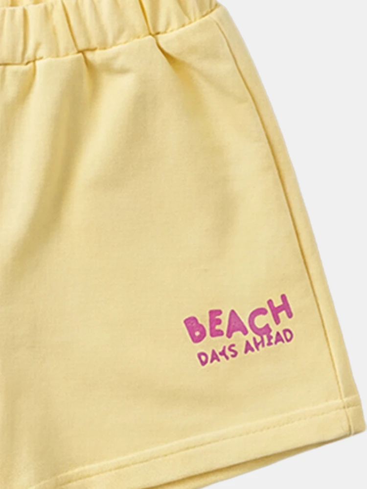 Girls Summer Beach Days Ahead Print T-Shirt And Shorts Two-Piece Casual Outfit Set With Short Sleeves And Crew Neckline