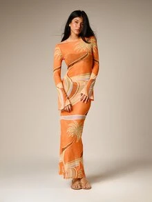 AiiRZ Vestido largo de malla con estampado tropical de palmas, de manga larga, con escote barco, naranja, para verano, playa, resort, vacaciones, fiesta, invitado de boda - Multicolor - Ver 1