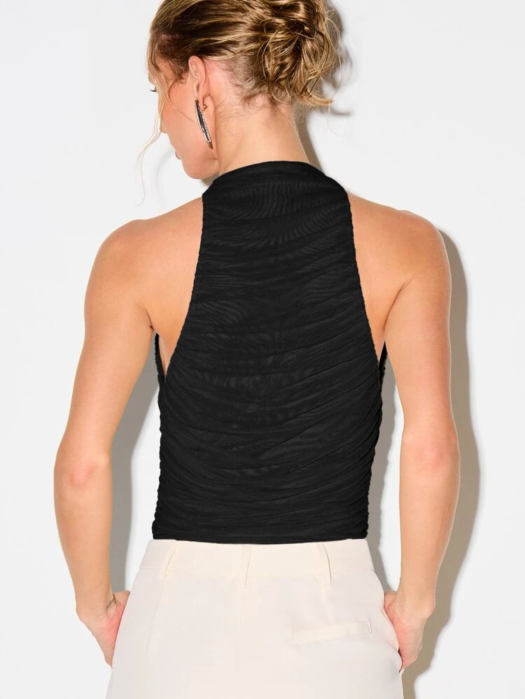 Mesh High Neck Ruched Bodysuit With Textured Detail