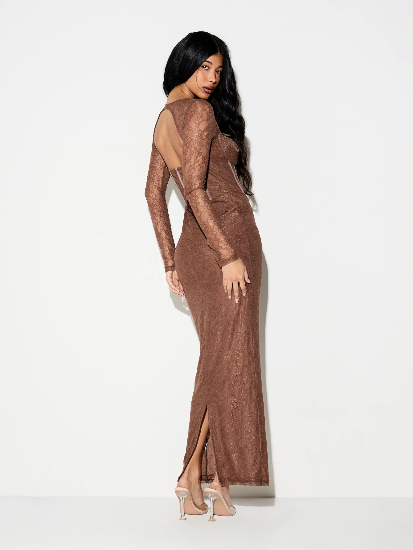 KIZN Brown Lace Corset Style Long Sleeve Maxi Dress