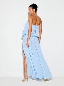 KIZN Light Blue Strapless Bandeau Maxi Dress With Bubble Hem Ruched Waist Side Slit Summer Wedding Guest Evening - Baby Blue - View 4