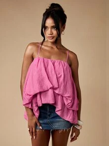MISSGUIDED Bubble Hem Tiered Cami Tank Top With Layered Ruffles And Spaghetti Straps For Summer Casual Wear - Pink - View 3