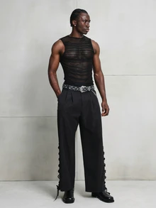 SUMWON Men's Sleeveless Black Mesh Tank Top With See Through Horizontal Striped Design And Draped Sheer Crew Neck Summer Party Club Style - Black - View 3