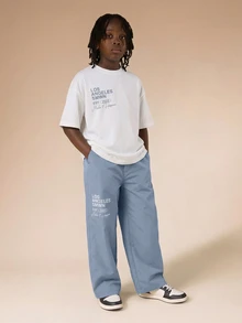 SUMWON Conjunto de camiseta y pantalón jogger a juego de dos piezas de estilo urbano de Los Ángeles para niños de talla grande - Azul - Ver 6