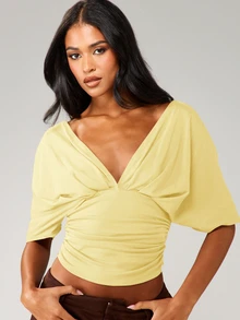 MISSGUIDED Wrap Front Ruched Detail Long Sleeve Crop Top Deep V Neck Twist Knot Blouse Fall Fashion Statement Piece - Light Yellow - View 3