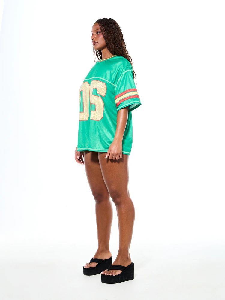 SUMWON WOMEN Maglietta oversize in jersey con strass e paillettes, maniche a righe, stile varsity atletico verde