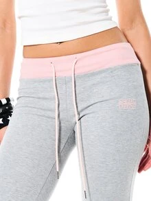 SUMWON WOMEN 女士高腰撞色腰带喇叭形运动裤休闲抽绳运动裤居家休闲裤 - 黑色 - 查看 4