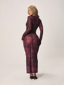 MISSGUIDED 女士长款修身连衣裙，纽扣前襟，深V领，动物纹印花，酒红色 - 粉色 - 查看 2