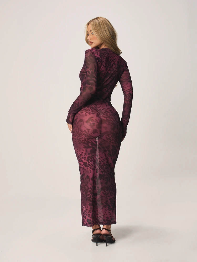 MISSGUIDED Women's Long Bodycon Dress With Button Front Closure Deep V Neck Animal Print Burgundy Wine