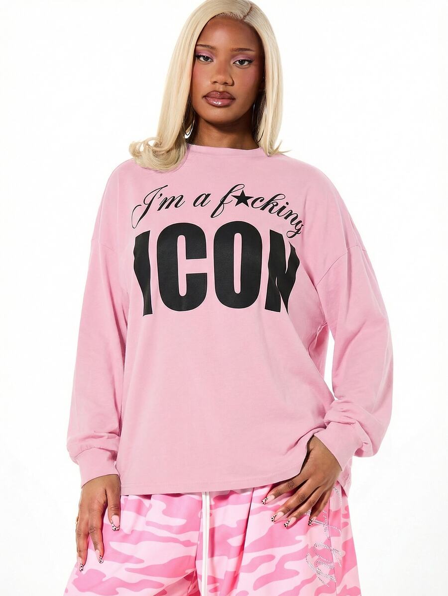 SUMWON WOMEN Women's Graphic Long Sleeve Tee With Bold ICON Text Print Casual Oversized Cotton Sweatshirt - Baby Pink - View 1
