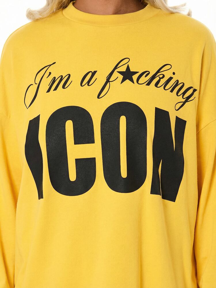 SUMWON WOMEN Women's Oversized Long Sleeve Graphic Icon Tee With Bold Statement Print And Cursive Script Text