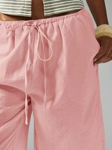 MISSGUIDED Women's Pull On Long Linen Feel Look Bermuda Shorts With Drawstring Casual Summer Relaxed Fit Knee Length Culottes - Pink - View 4