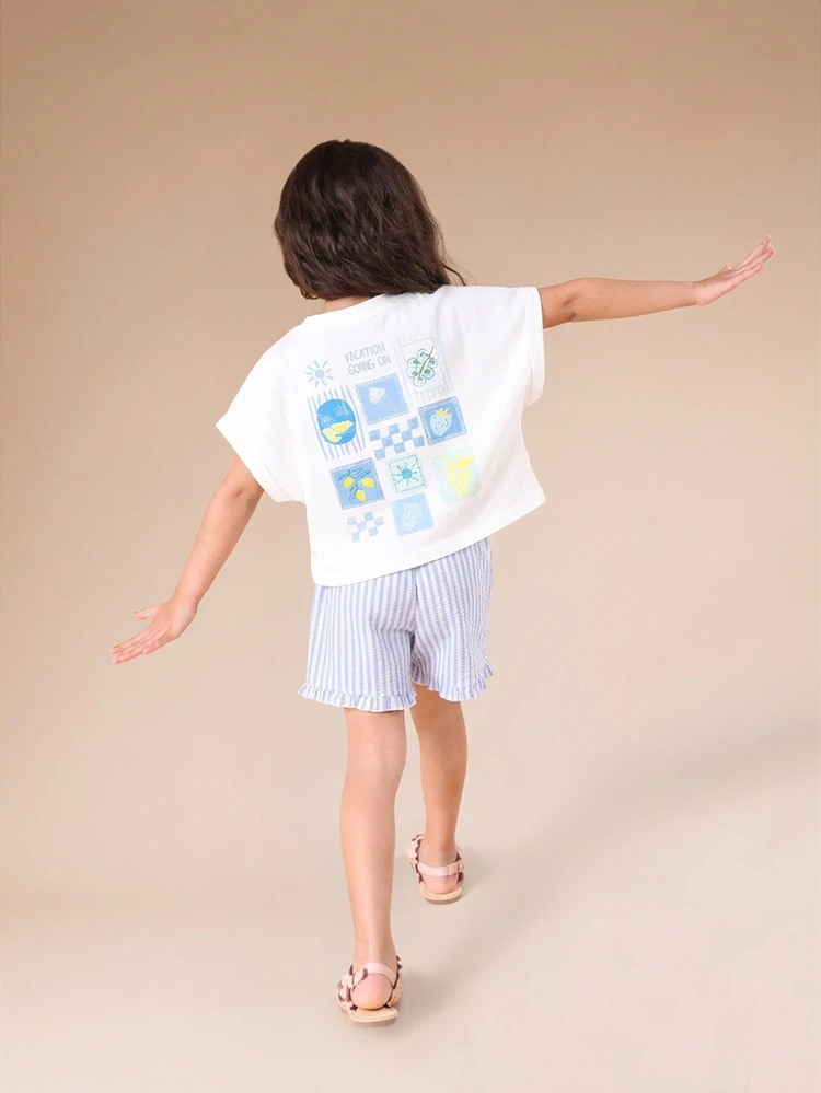 Girls Vacation Going On Summer Co-Ord Set With Graphics T-Shirt And Striped Shorts Two Piece Outfit