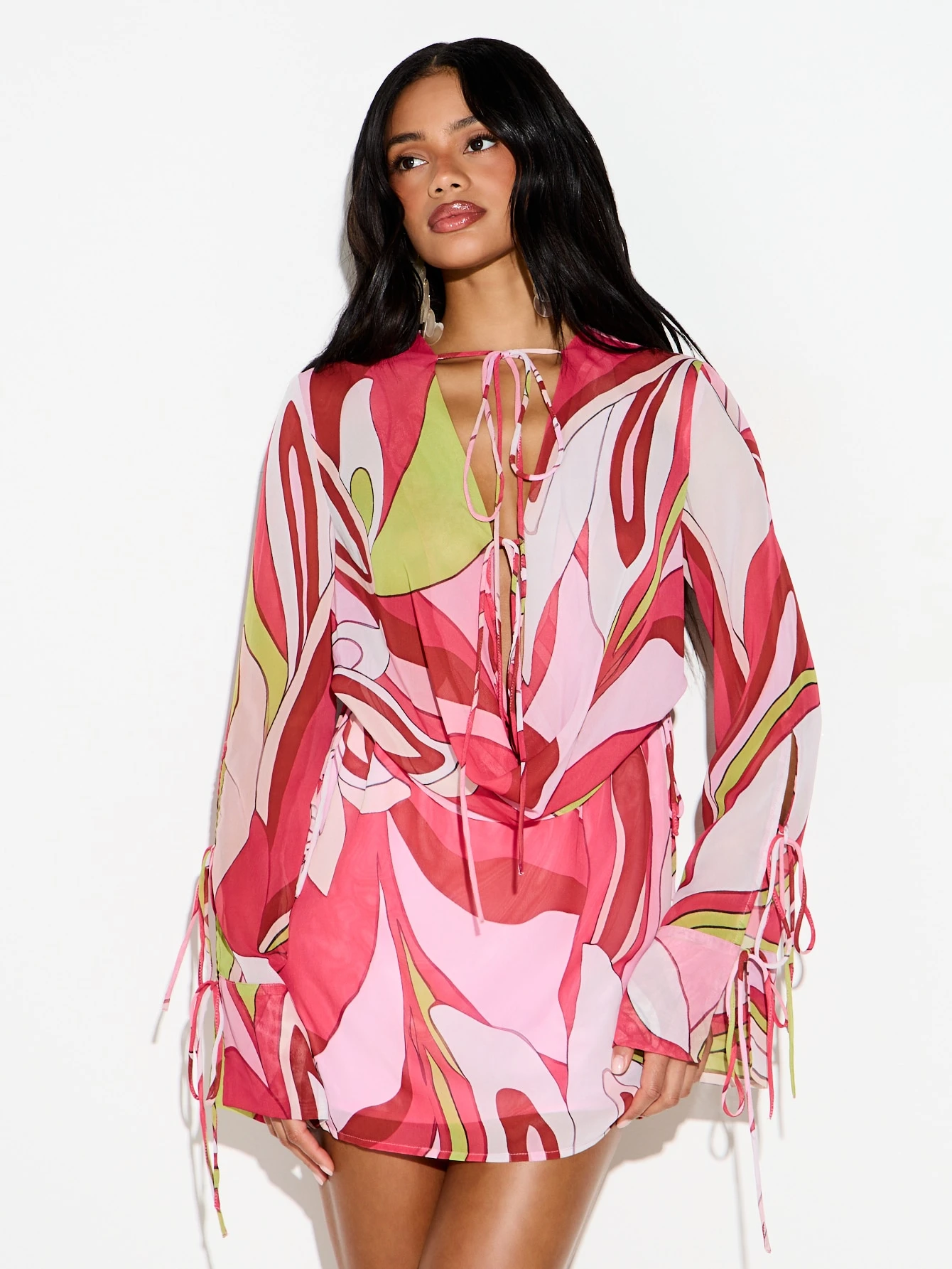 KIZN Chiffon Cowl Neck Tie Front Mini Dress