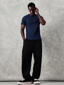 SUMWON Camiseta básica de manga corta con cuello redondo acanalada de color azul marino para hombre, de uso casual y diario - Azul Marino - Ver 6