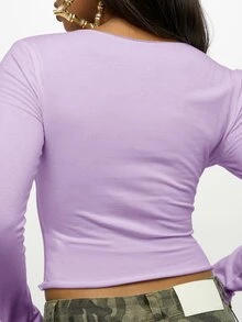 SUMWON WOMEN 长袖露脐上衣，奶牛印花设计，V领修身棉质休闲上衣，Y2K时尚单品，秋冬必备 - 紫丁香色 - 查看 7