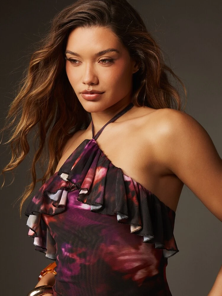 MISSGUIDED Halter Neck Asymmetrical Hem Ruffle Midi Dress With Tie Dye Abstract Print For Evening Party Occasions