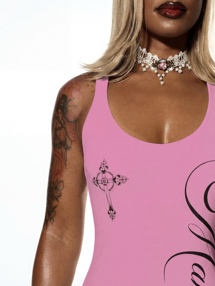 SUMWON WOMEN Mamacita Pink Mini Dress With Angel Wings Graphic Print Sleeveless Bodycon Tank Dress Summer Festival Outfit Ribbed Knit Short Dress