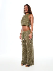 SUMWON WOMEN Women's High Rise Sequin Crochet Palazzo Wide Leg Loose Fit Trousers With Drawstring Waist For Evening Party Occasions - Army Green - View 6