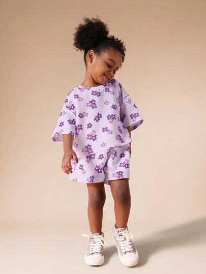SUMWON Oversized Girls Cute Floral Co-Ord Set Short Sleeve Top And Shorts Summer Matching Outfit Purple Flower Print Casual Playwear