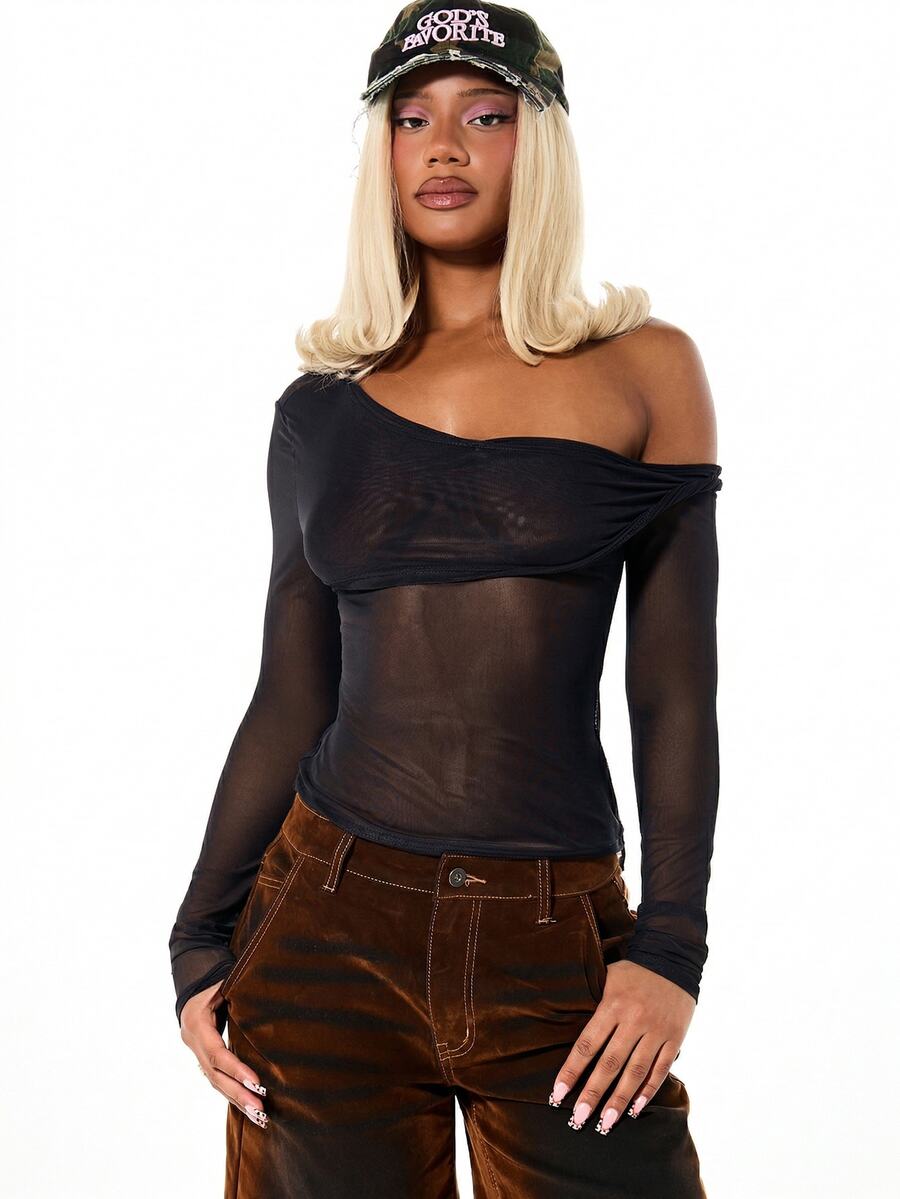 SUMWON WOMEN Women's Off Shoulder Twist Front Sheer Mesh Long Sleeve Top With Draped Design For Fall Winter Layering - Black - View 1