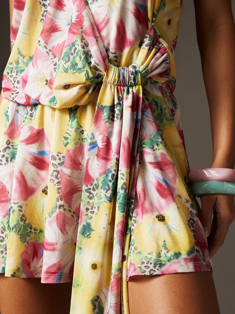 MISSGUIDED 여성 홀터 랩 미니 드레스 열대 꽃 동물 프린트 타이 웨이스트 여름 휴가 해변 리조트 캐주얼 데이 드레스