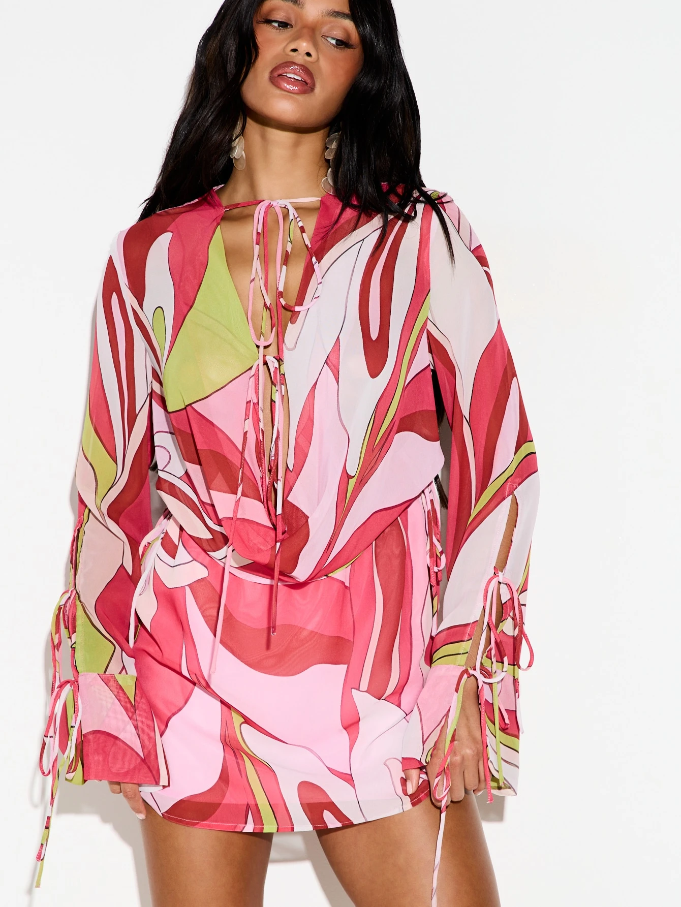 KIZN Chiffon Cowl Neck Tie Front Mini Dress