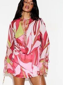 Women's Chiffon Cowl Neck Tie Front Long Sleeve Mini Dress Abstract Floral Print Party Evening Wear Spring Summer - Multicolor - View 4