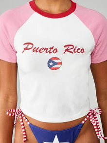 MISSGUIDED Áo croptop tay raglan ngắn cổ tròn in hình cờ Puerto Rico, thích hợp cho kỳ nghỉ hè ở bãi biển. - trắng - Xem 4