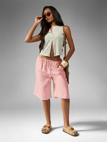 MISSGUIDED Women's Pull On Long Linen Feel Look Bermuda Shorts With Drawstring Casual Summer Relaxed Fit Knee Length Culottes - Pink - View 3