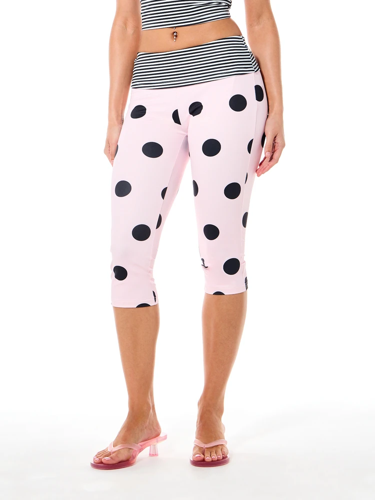 SUMWON WOMEN Leggings capri de mujer con cintura plegable, estampado de lunares y detalles a rayas, de talle alto y longitud media, para uso casual en primavera y verano