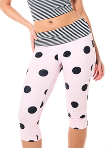 SUMWON WOMEN Quần legging lửng nữ chấm bi cạp gập với chi tiết sọc, dài đến giữa bắp chân, cạp cao, kiểu dáng thường ngày cho mùa hè, xuân. - Hồng - Xem 1