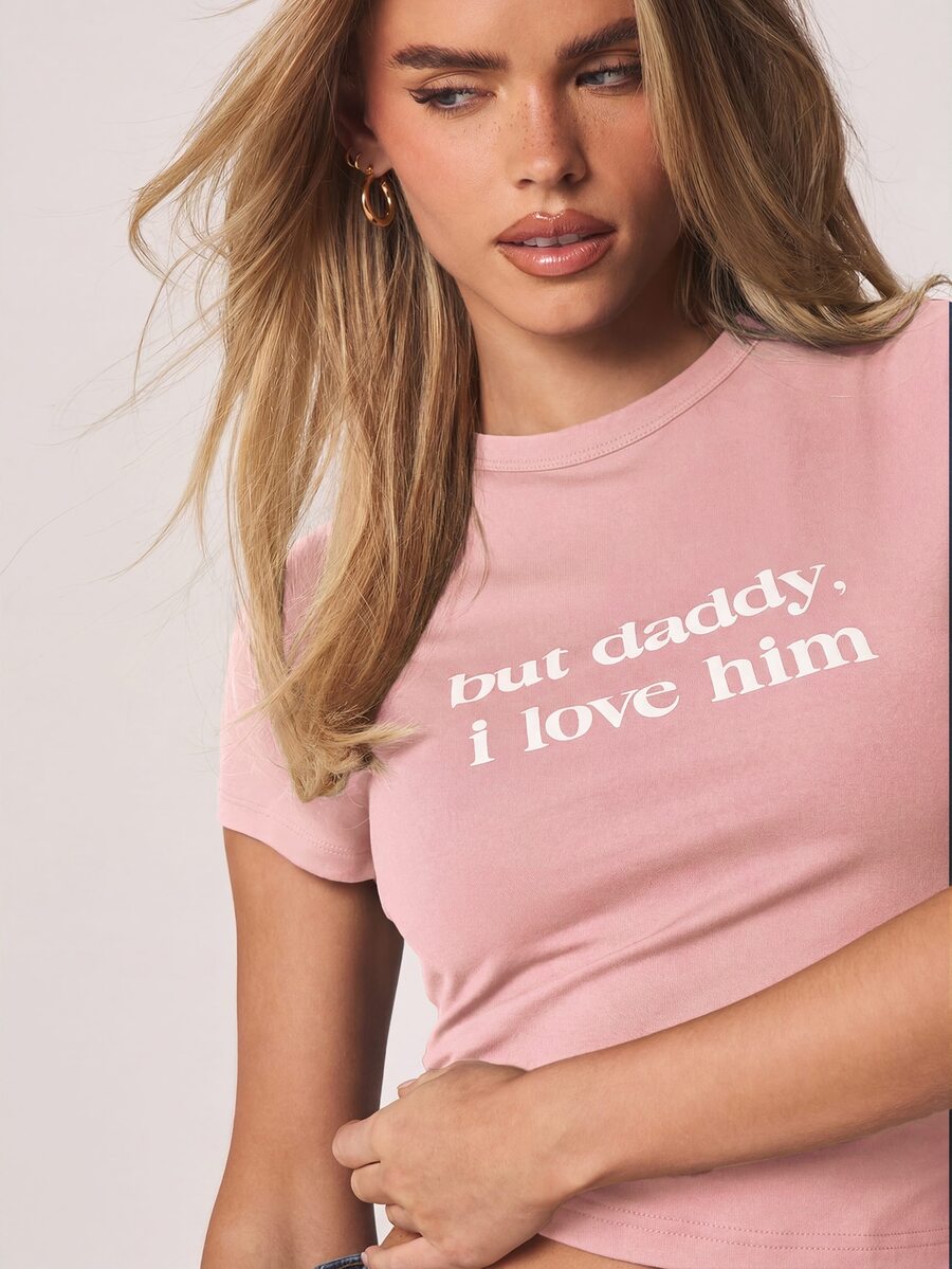 MISSGUIDED 但是爸爸我爱他长款婴儿T恤短袖圆领粉色T恤休闲标语上衣 - 粉色 - 查看 1