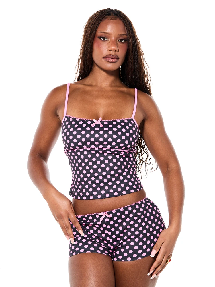 SUMWON WOMEN Set da notte con canotta e pantaloncini a pois, con spalline sottili e fiocco rosa, pigiama femminile a due pezzi per notti confortevoli