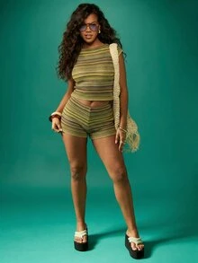 MISSGUIDED 钩针编织高腰超短条纹热裤节日短裤夏季沙滩装 - 綠色 - 查看 3
