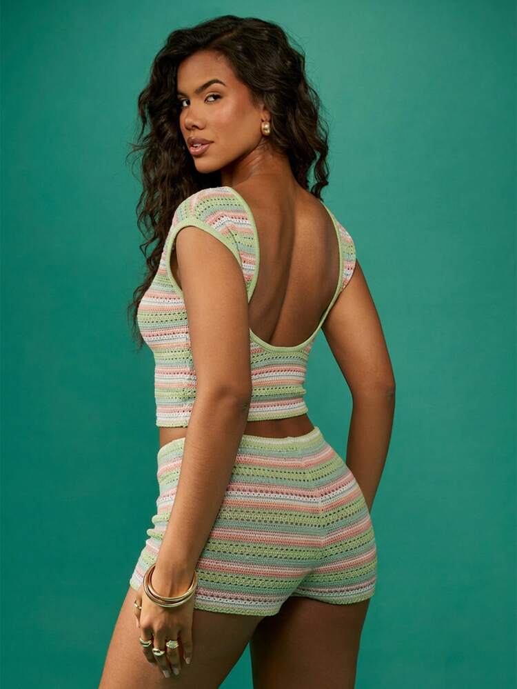 MISSGUIDED クロシェ編み ストライプ ホットパンツ ボーティーショーツ サマーフェスティバル ビーチリゾート マイクロミニ ホットパンツ