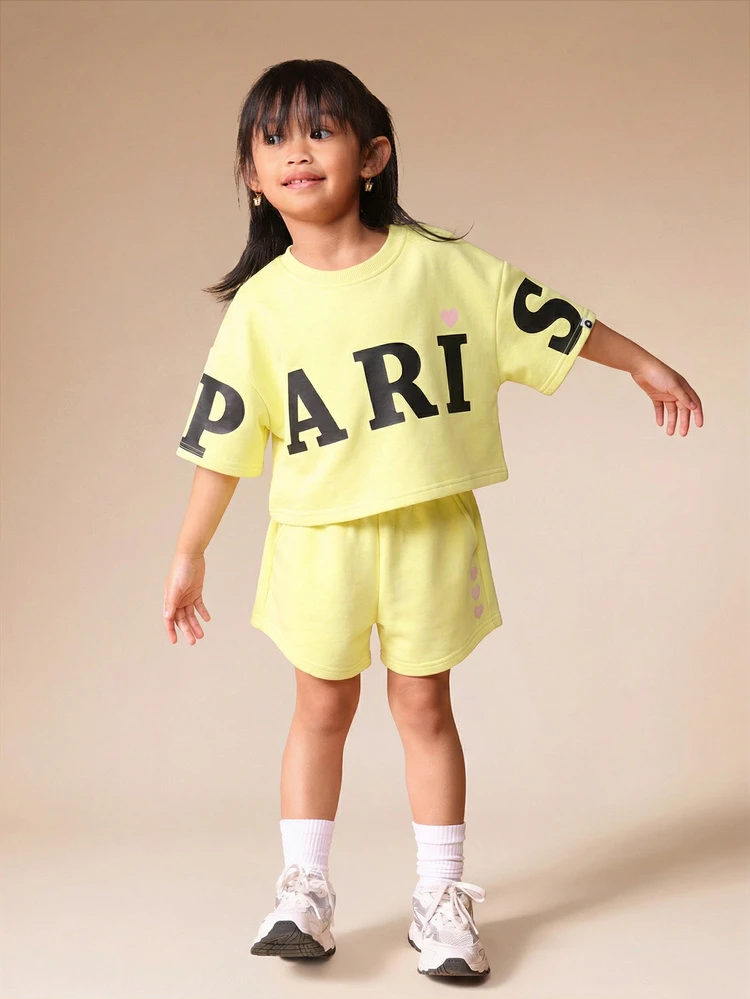 Girls Two Piece Paris Love Heart Print Casual Summer Co-Ord Set Short Sleeve Top Matching Shorts