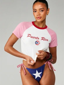 MISSGUIDED Áo croptop tay raglan ngắn cổ tròn in hình cờ Puerto Rico, thích hợp cho kỳ nghỉ hè ở bãi biển. - trắng - Xem 1