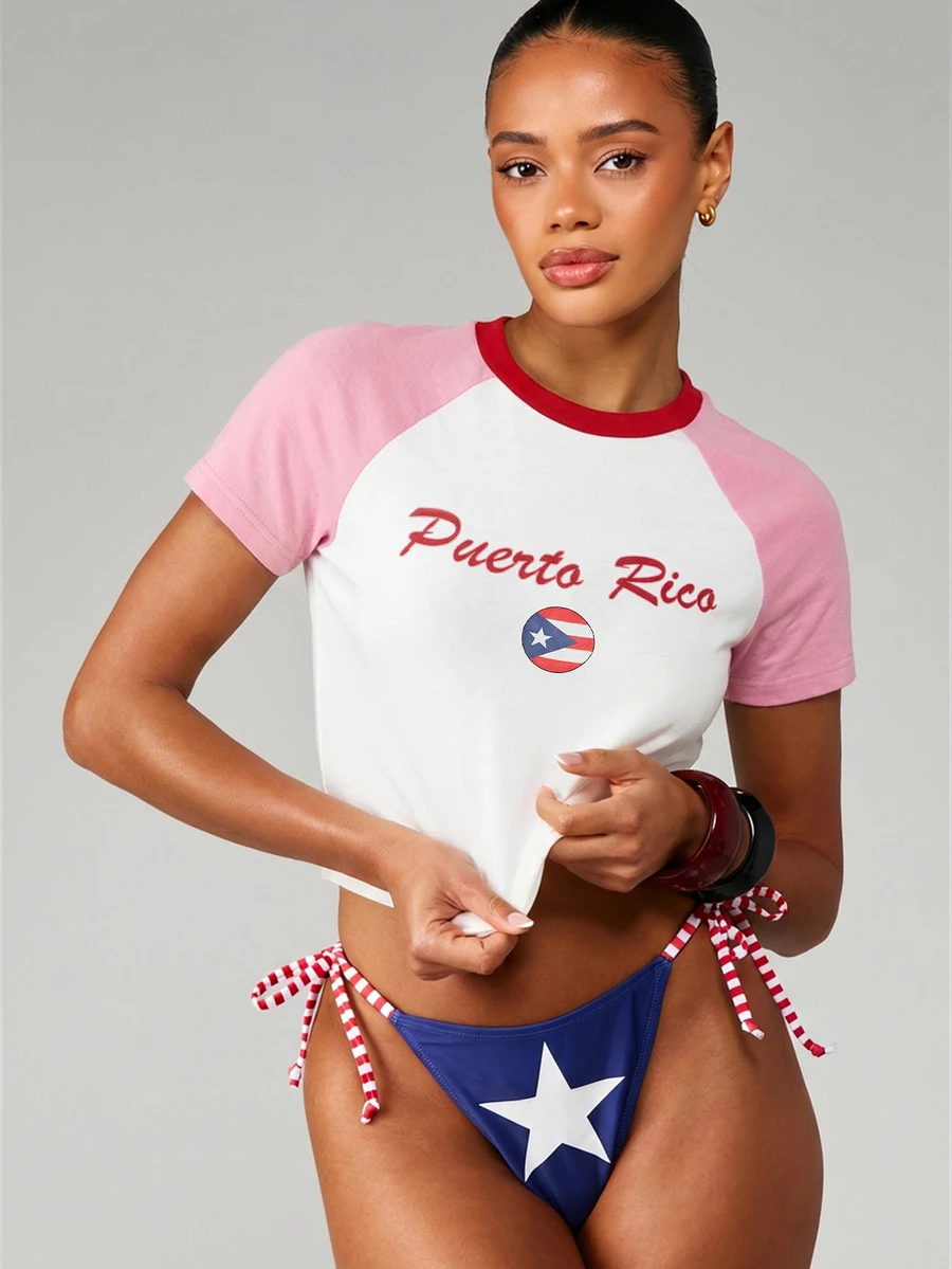 MISSGUIDED Áo croptop tay raglan ngắn cổ tròn in hình cờ Puerto Rico, thích hợp cho kỳ nghỉ hè ở bãi biển. - trắng - Xem 1