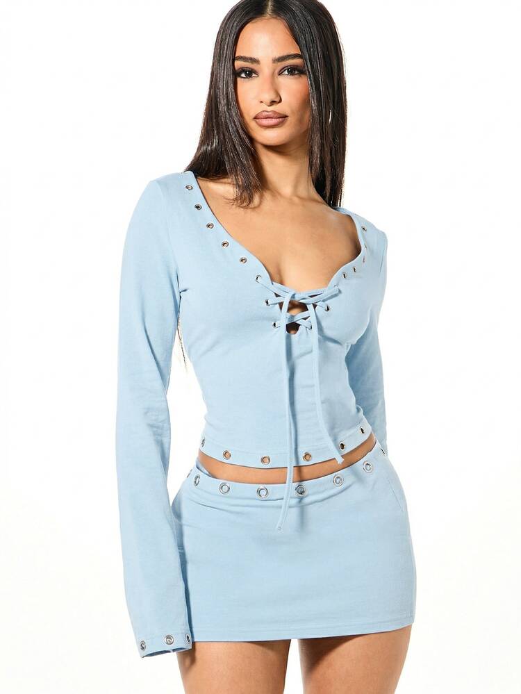 SUMWON WOMEN Women Long Sleeve Lace Up Eyelet Detail Top With V Neck Cropped Fit Spring Summer Fashion Blouse