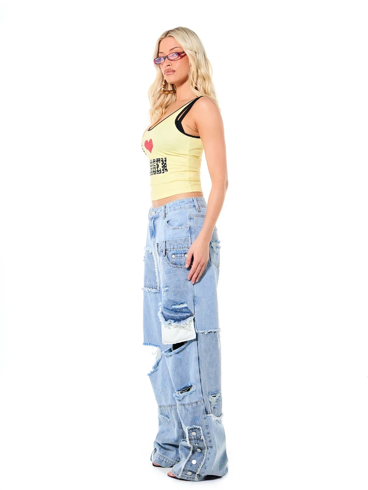 SUMWON WOMEN Women Yellow Tank Top With I Love Collagen Print Black Trim Scoop Neckline Sleeveless Summer Casual Fitted Top