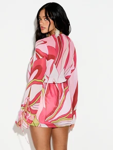 Women's Chiffon Cowl Neck Tie Front Long Sleeve Mini Dress Abstract Floral Print Party Evening Wear Spring Summer - Multicolor - View 2