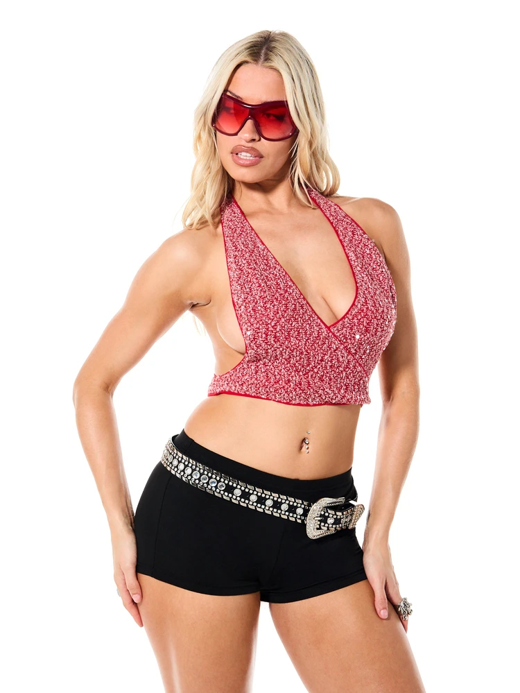 SUMWON WOMEN Women's Crochet Halter Wrap Top With Deep V-Neck And Tie Side Details For Summer Beach Vacation Festival Outfits