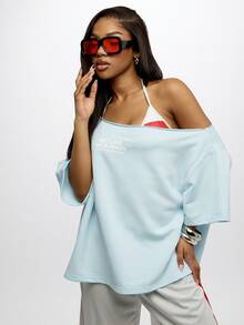 SUMWON WOMEN T-shirt ample et décontracté avec imprimé graphique pour femmes, style épaules dénudées, style de rue estival décontracté - Bleu ciel - Voir 4