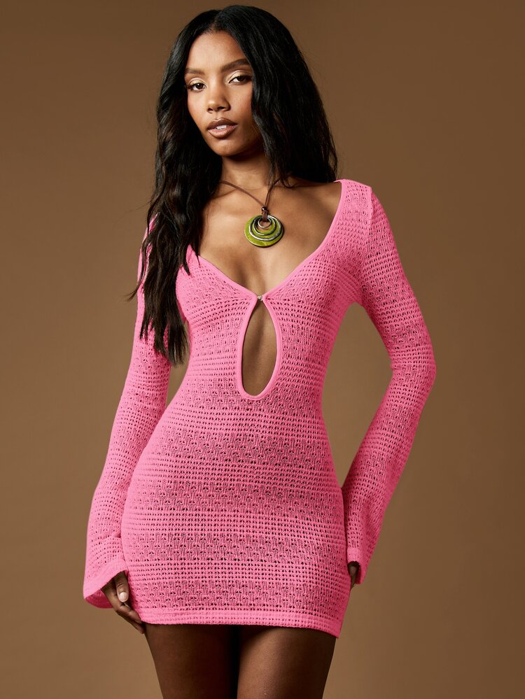 MISSGUIDED Crochet Knit Long Sleeve Keyhole Cutout Mini Dress With Deep V Neckline