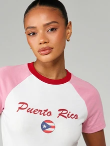 MISSGUIDED Áo croptop tay raglan ngắn cổ tròn in hình cờ Puerto Rico, thích hợp cho kỳ nghỉ hè ở bãi biển. - trắng - Xem 5
